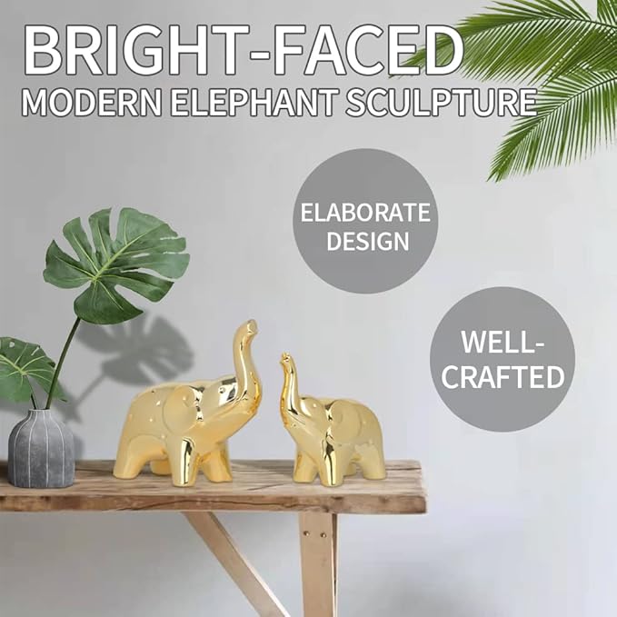prosfalt A Pair Elephant Statue Home Decor,Modern Style Figurines,Sculpture for Office Desktop Bookshelf Living Room (Ceramics Gold)