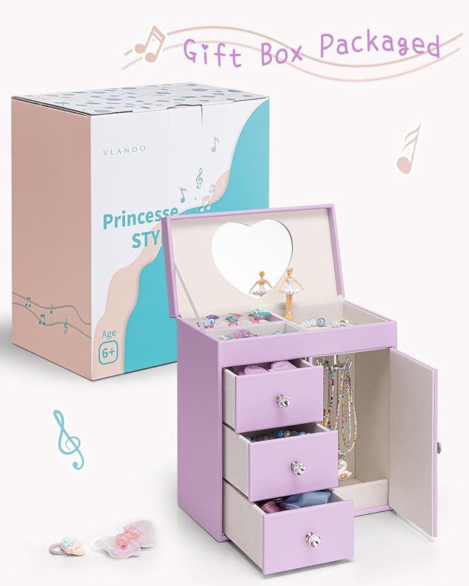 VLANDO Musical Jewelry Box for Girls, Large Kid Music Box with Ballerina for Birthday Bedroom Decor, 4 Layer Girl Jewelry Gifts for Girls Kids - Purple