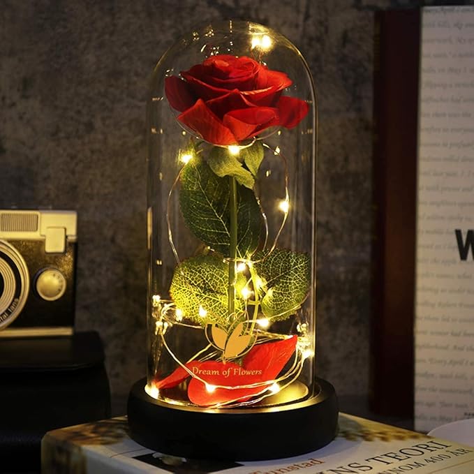 Beauty and The Beast Rose Birthday Gifts for Women, Valentine's Day Gifts for her, Eternal Rose Artificial Flower Light Up Rose in Glass Dome, Glass Roes Flower Gifts for Wife/Girlfriend
