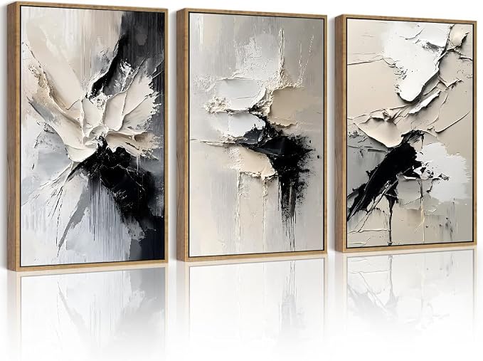 PHOPAGO Black Abstract Framed Wall Art Large 16x24in Minimalist Neutral Color Block Pastel Wall Decor Modern Brush Stroke Illustration Paints Home Decor - Natural Framed