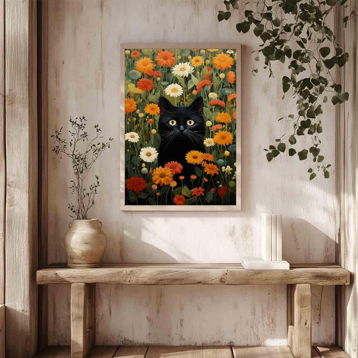 Vlolvfe Black Cat Wall Art Colorful Flower Pictures Funny Cat Painting Green Plant Pictures Colorful Wildflowers Wall Art Cute Animals Floral Picture Aesthetic Living Room Decor 16x24inch No Frame