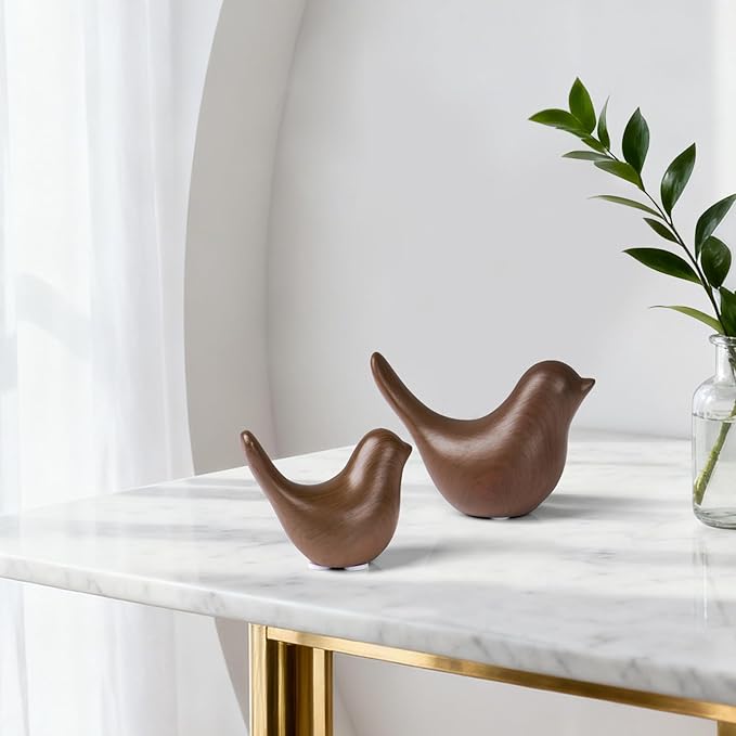 2 Pcs Ceramic Small Bird Figurines Modern Animal Statues for Home 、Room Decor and Bedroom Decor and Bookshelf Display (Dark Wood Grain)