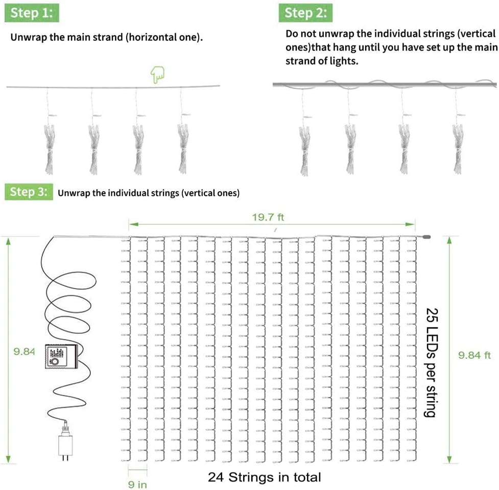 Solhice LED Curtain Lights Outdoor 20ft x10ft, 600 LED Plug in Hanging String Lights Indoor, Twinkle Light Backdrop for Outside Backyard Wedding Bedroom Decor, Warm White (Not Connectable)