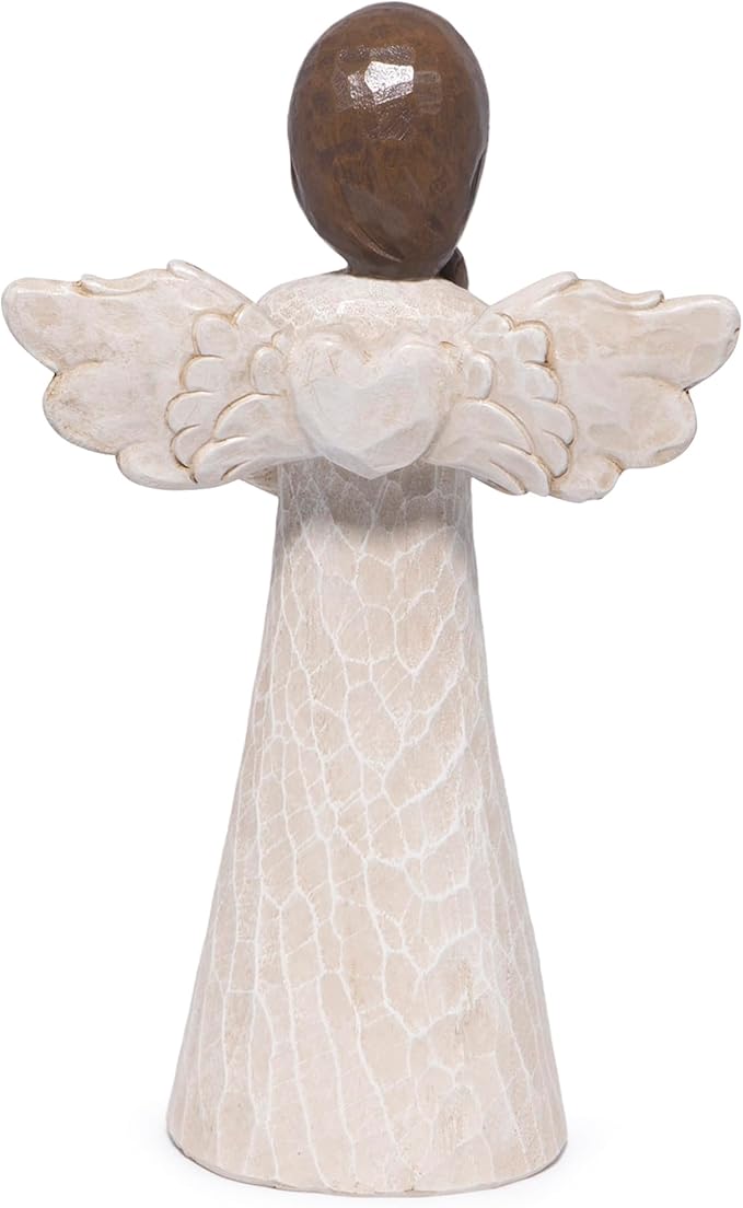 Hodao Angel Figurine with Heart — Wood-Carved Look Resin Christmas Decorations, Indoor Home Decor Ornaments, 8.5" Tall Guardian with Red Heart, Hand-Painted Figurines for Shelf, Mantel & Gift-Giving