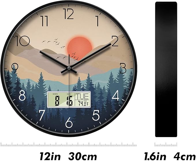 12 Inch Wilderness Sunset Wall Clock, Silent Non-Ticking Battery Operated Analog Clock with LCD Date, Day & Temperature Display, Modern Wall Clock for Living Room, Home Office, Bedroom, Farmhouse
