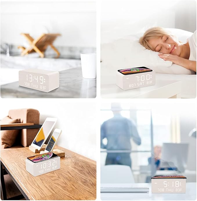 Andoolex Wooden Digital Alarm Clock with Wireless Charging, 0-100% Adjustable Brightness Dimmer and Alarm Volume, Weekday/Weekend Mode, Dual Alarm, Snooze, 12/24H, Wood LED Clock for Bedroom (White)
