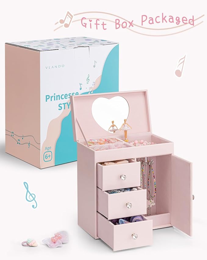 Vlando Musical Jewelry Box for Girls - Valentines Day Gift for Kid - Large Kid Music Box with Ballerina for Birthday Bedroom Decor, 4 Layer Girl Jewelry Gifts for Girls Kids - Light Pink