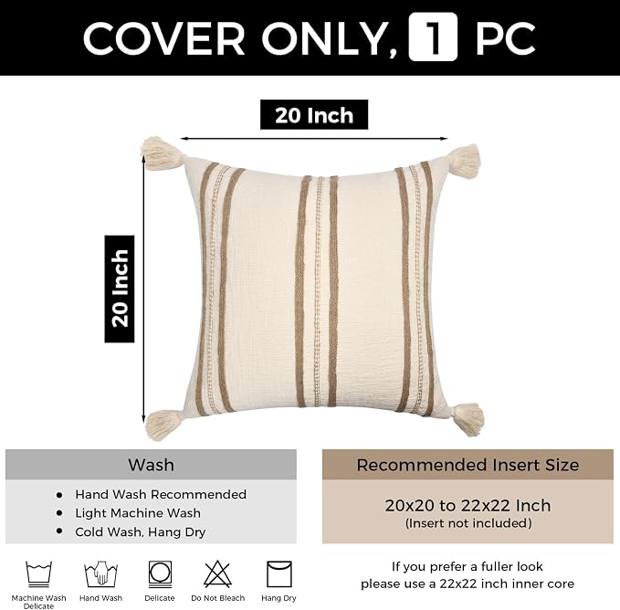 Cream Boho Decorative Throw Pillow Cover 20x20 | Modern Farmhouse Square Pillows Cushion Cover for Couch Bed Living Room Accent