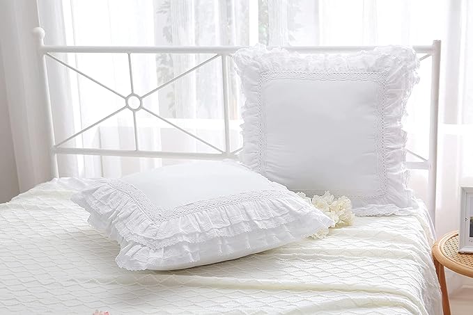 White Lace Euro Shams Throw Pillow Covers Cushion Cases with Ruffles Cotton 22"X22" Zipper Closure Luxury Elegant 2-Pack