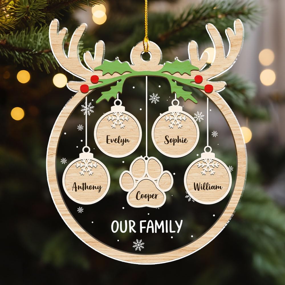 Personalized Family Christmas Acrylic Ornament 2024 - Custom Name Charms Family Members up to 10 People and Pets, Paw Charm Ornament Gifts for Family Tree Decoration (A01, 10 Names)