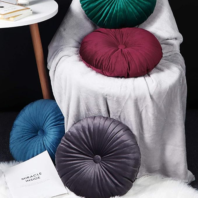Teieas Velvet Round Throw Pillow Pleated Round Pillow Cushion Decoration for Couch Chair Bed Car Lake Blue