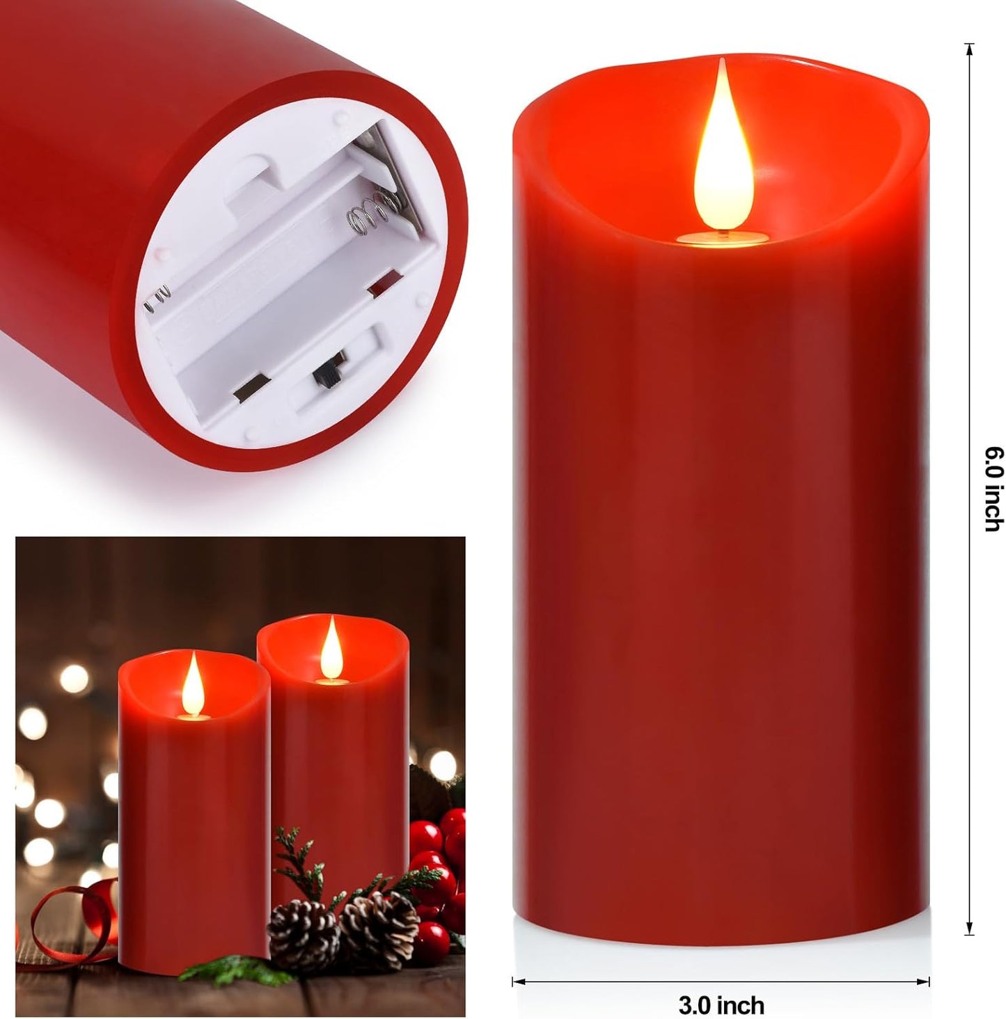Flameless Battery Operated LED Candles 3D Wick with10key Button Remote Control 24-Hour Timer Set of 2 Electric Flickering Pillar Real Wax,Wedding, Party, Home Decoration