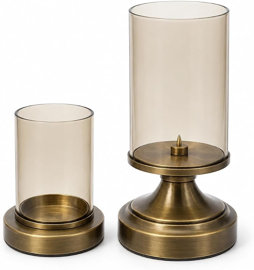 Antique Bronze Hurricane Candle Holders, Taper & Pillar, Set of 2 | Vintage table centerpiece set with amber-tinted glass shades, small taper holder and large pillar holder