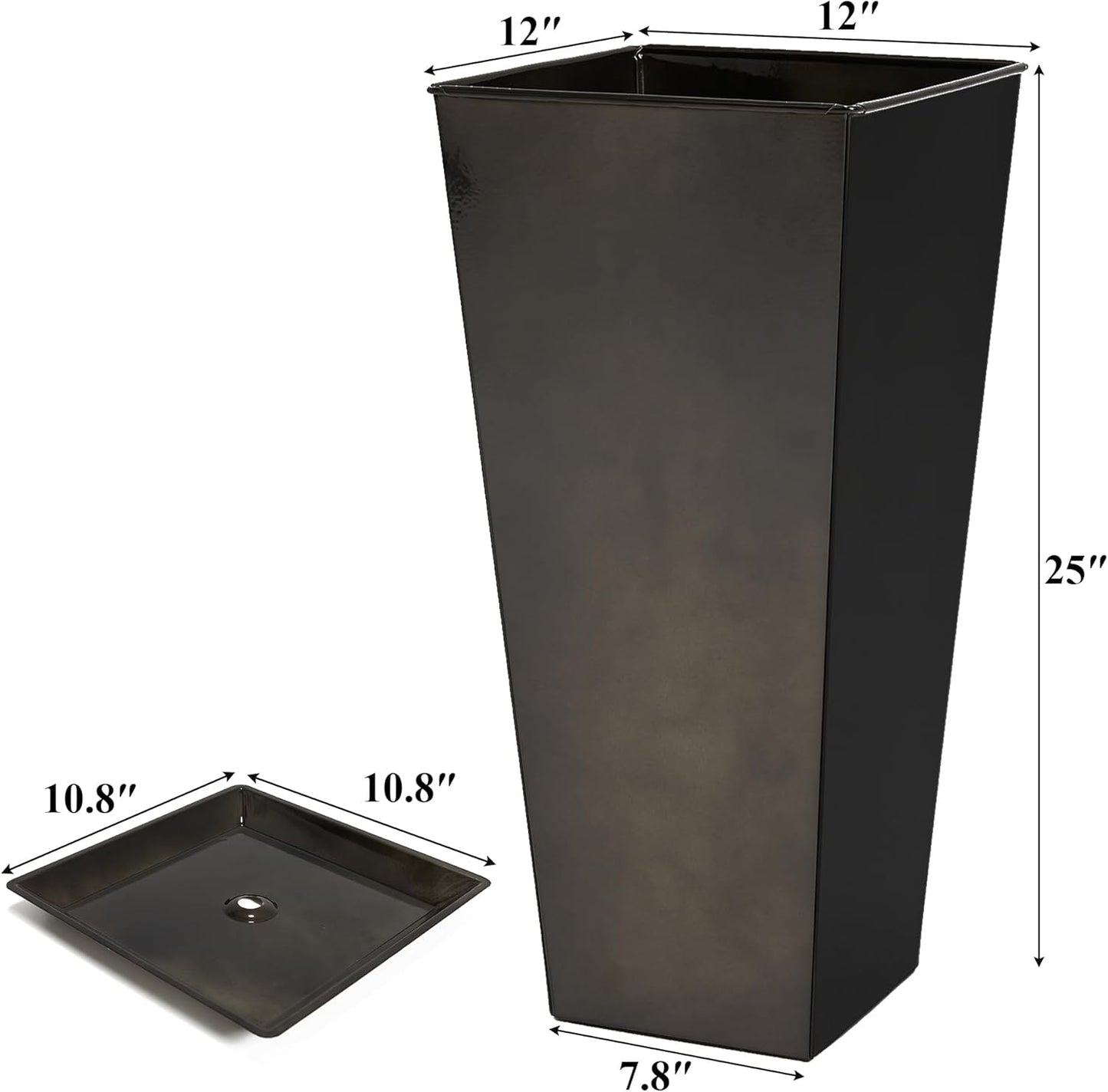 WORTH Garden 25" Large Metal Glazed Planter Set of 2, Luxurious Glossy Finish Black Tall Square Tapered Steel Plant Pots, Decor Flower Pot Indoor & Outdoor, Drainage Hole & Dual-Purpose Plant Saucer