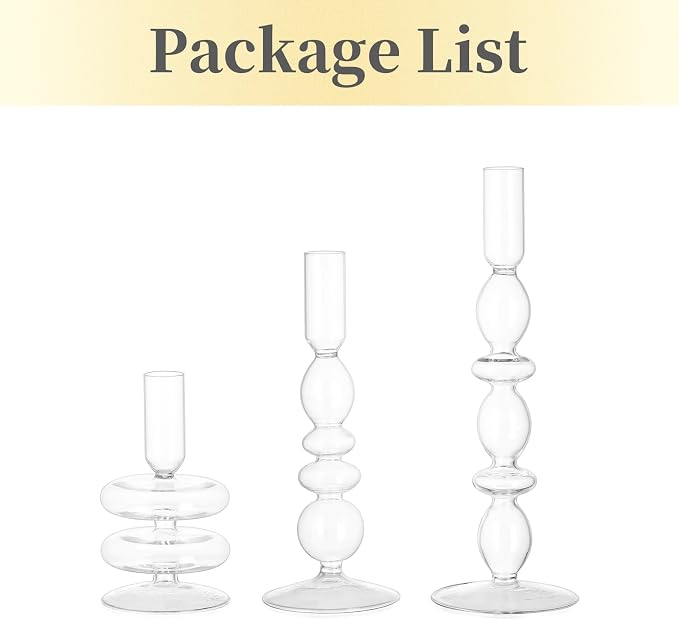 Hewory Glass Candlestick Holders: Clear Glass Taper Candle Holders Set of 3 Vintage Candle Stick Candle Holder, Colorful Glass Candle Holders for Table Centerpiece, Wedding, Dinner, Party, Home Decor
