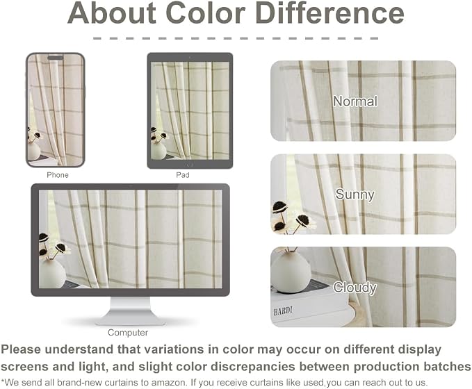 Vision Home Flax Linen Plaid Pinch Pleated Semi Sheer Curtains Checkered Light Filtering Window Panels 102 inches Long for Living Room Bedroom Rustic Pleat Drapes with Back Tab Hooks 40" Wx102 Lx2
