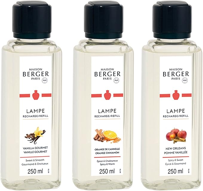 MAISON BERGER Lamp Refill Trio Warm – 3 x 250 ml Home Fragrance Refills for Lampe Berger Catalytic Lamps – Vanilla Gourmet, New Orleans & Orange Cinnamon – Helps Purify Then Fragrance the Air