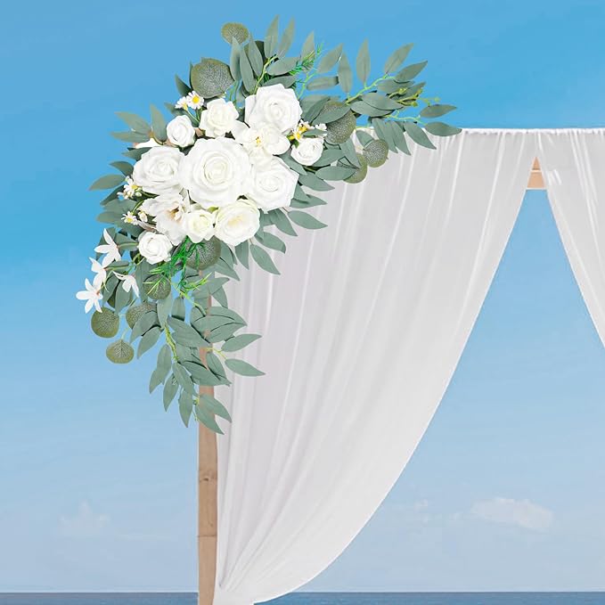 Wedding Arch Faux Flowers Set of 2, Wedding Welcome Signs Greenery Garland Decoration for Ceremony, Reception, Backdrop (White)