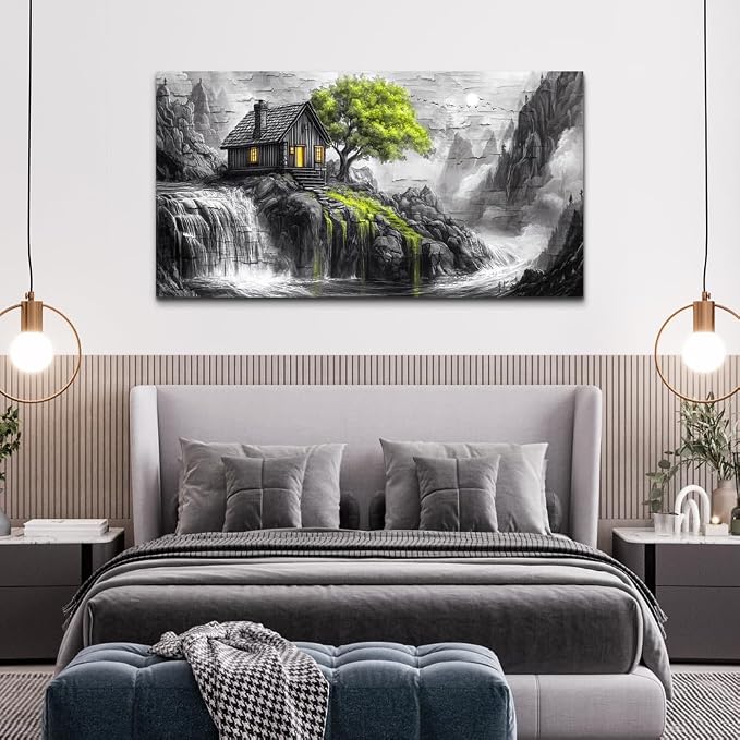 ERQINHUA Large Canvas Wall Art For Living Room Large Wall Decor For Bedroom Office Black And White Wall Painting Decor Green Tree Landscape Picture Artwork Modern Home Decor Ready To Hang 30"X60"