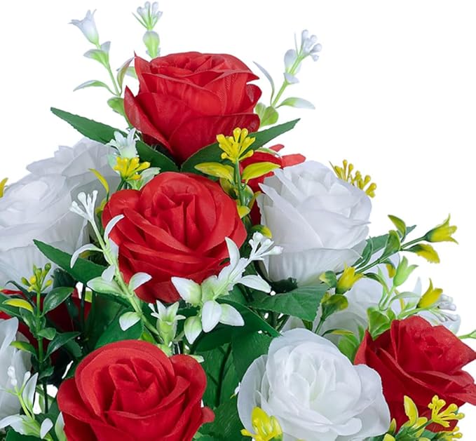 DONODA 2 Sets of Artificial Cemetery Flowers, Outdoor Grave Decorations Roses,Accompanied by 2 Long Nail Vases,Lasting and Non-Bleed Colors. (18 Heads (red+White))