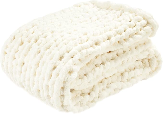 Lush Decor Hygge Ultra Soft Cozy Chenille Chunky Knit Throw Blanket Single 40" W x 50" L Ivory - Cream Throw Blankets for Bed - Cozy Couch Blanket