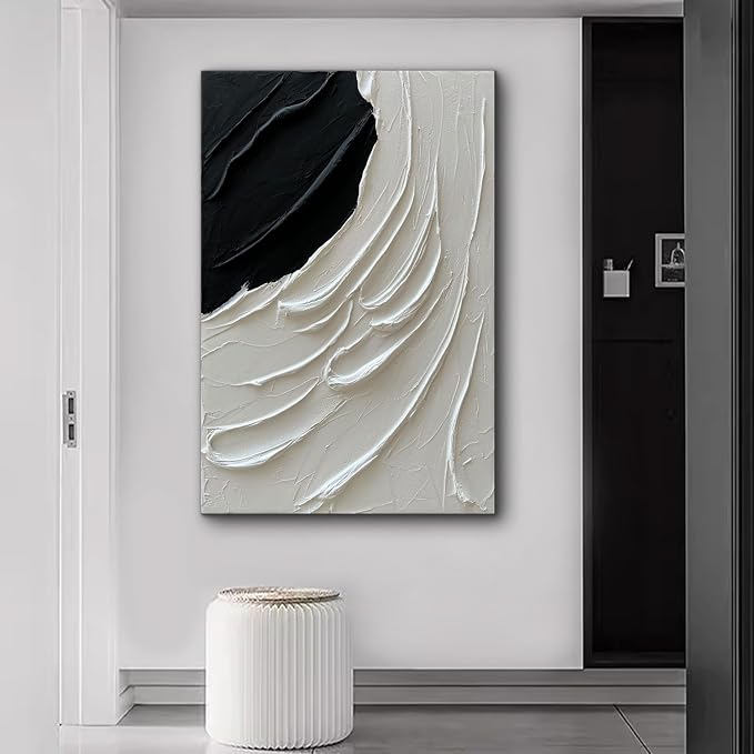 Creespi Large Hand Painted Black and White Thick Textured Wall Art 30x45 inch,Modern Minimalist Abstract Oil Painting On Canvas for Wall Decoration