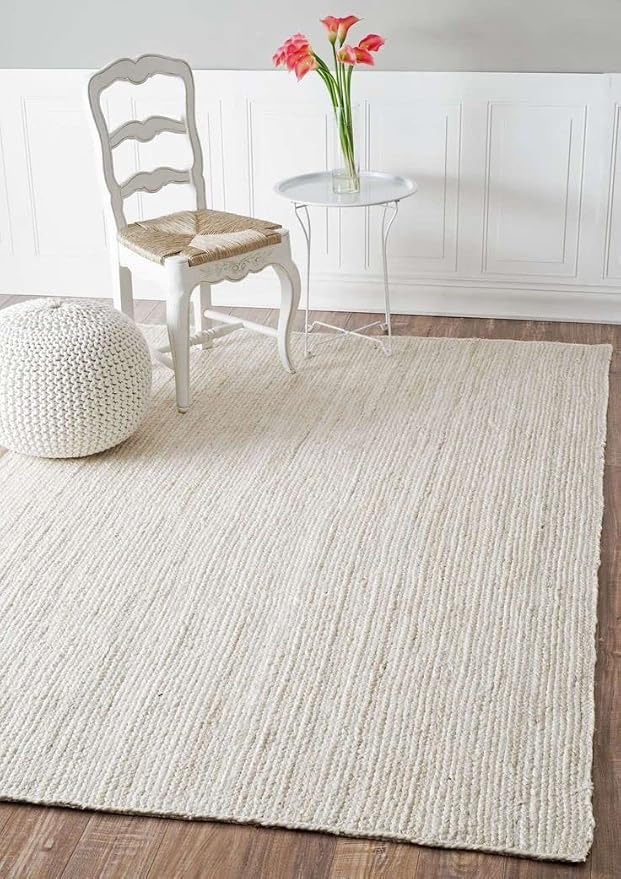 100% Jute Area Rug 5x8 Feet- Braided Design Hand Woven Off-White Natural Fibers Carpet - Home Decor for Living Room Hallways (5' x 8', Off-White)