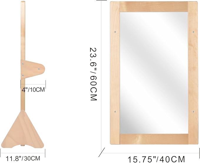 3-in-1 Baby Montessori Wooden Frame Non-Shatter Safety Mirror w/ 2 Pull Up Bars, Infant Coordination Small Mirror for 6-18 Months