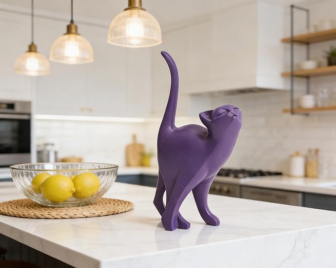 Purple Cat Statue Modern Abstract, Home Office Shelf Decor, 7-Inch Vibrant Assorted Colors, Easy to Match Any Decor Style