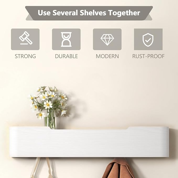 Wall Mounted Coat Rack with Shelf, Wooden Entryway Organizer with Hidden Metal Hooks for Hanging Coats Bags Keys, Modern Floating Shelf for Hallway Bathroom
