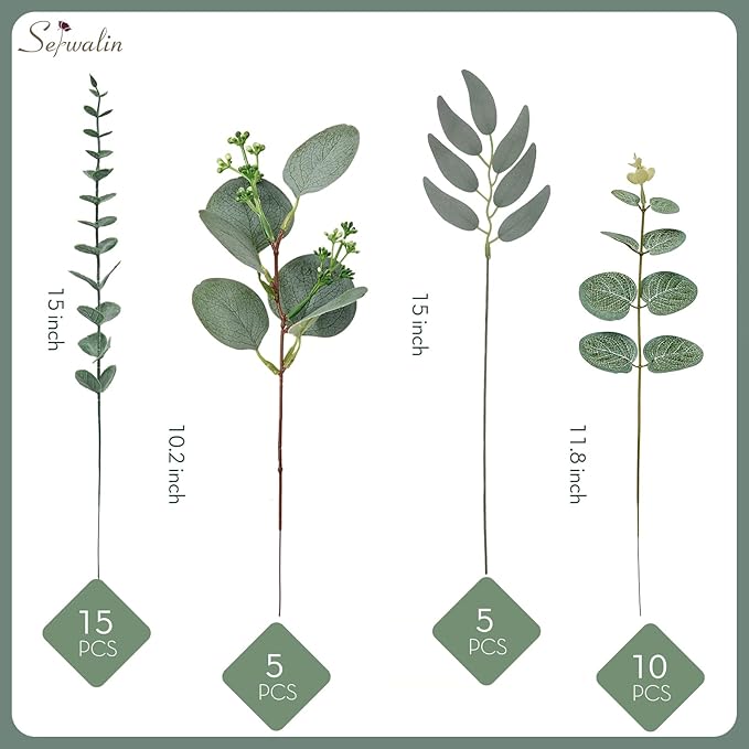 Serwalin 35pcs Artificial Mixed Eucalyptus Stems Leaves Bulk, 4Kinds Fake Greenery Silver Dollar Eucalyptus Leaves Picks,Faux Greenry Stems Sprays for DIY Bouquets Floral Arrangement Home Decor