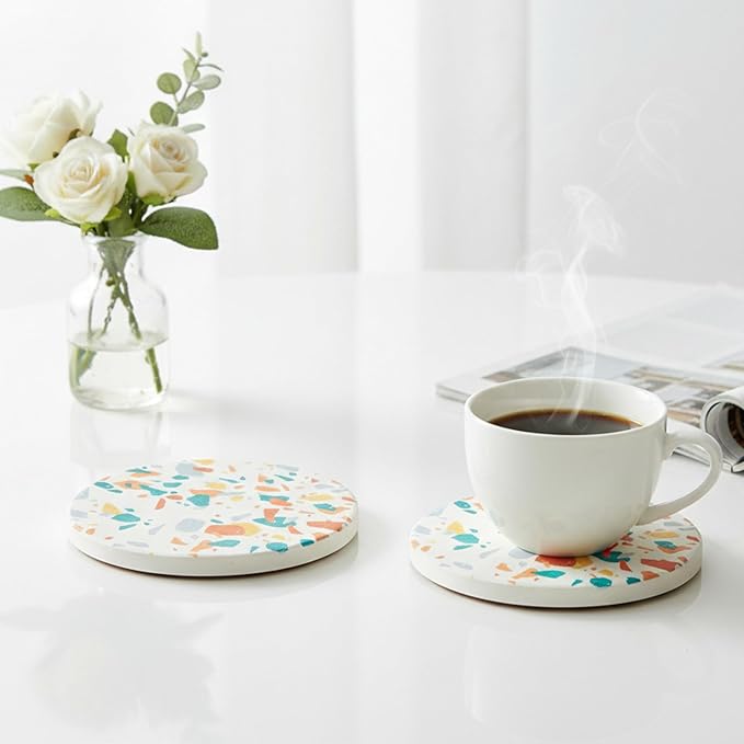 Absorbent Coaster Set of 6 with Holder, Drink Coasters for Coffee Table, Kitchen, Home Decor, Cute Ceramic Round Coasters, Alternative to Silicone, Cork or Glass Coaster (Splash)