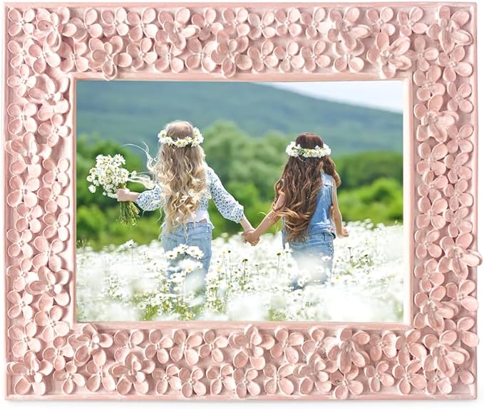 Isaac Jacobs 5x7 Pink Flower Textured Hand-Crafted Resin Picture Frame w/Easel & Hook for Tabletop & Wall Display, Decorative Floral Design Home Décor, Photo Gallery, Art (5x7, Pink)
