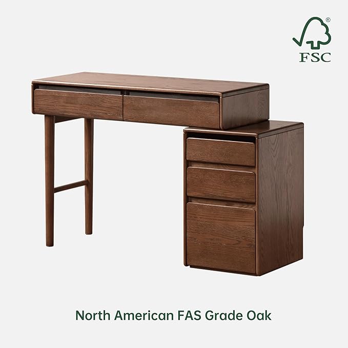 45" Extendable Vanity Desk, Solid Oak Wood Makeup Table with Adjustable Storage, Dressing Table for Bedroom, Study Desk for Home Office (No Chair & Mirror)