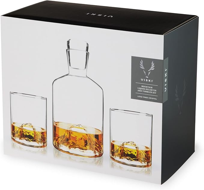 Viski Mountain Decanter and Tumbler Set, Percect for Scotch and Bourbon, Hand-Blown Whiskey Gifts for Men, Set of 3, 24oz Decanter, 9oz Tumblers