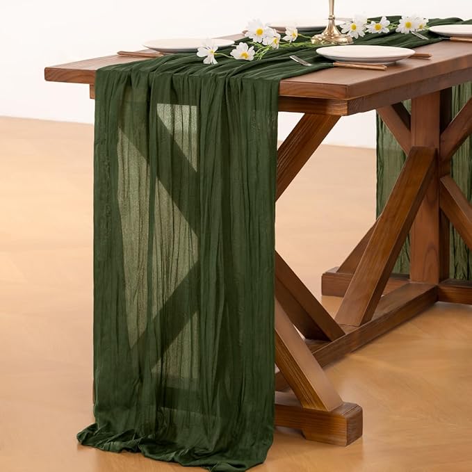 Socomi Olive Green Spring Cheesecloth Table Runner Boho Rustic Gauze 120 inch 10FT Cheese Cloth Runner for Wedding Party Baby Shower Birthday Home Decor