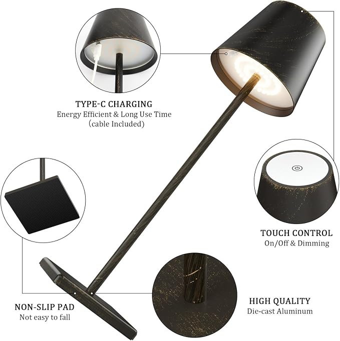 2-Pack Rechargeable Table Lamps LED Cordless Table Lamp 5000mAh Battery Operated Table Light Stepless Dimmable Portable Desk Lamp for Restaurant/Table/Bedroom/Outdoor (Copper)