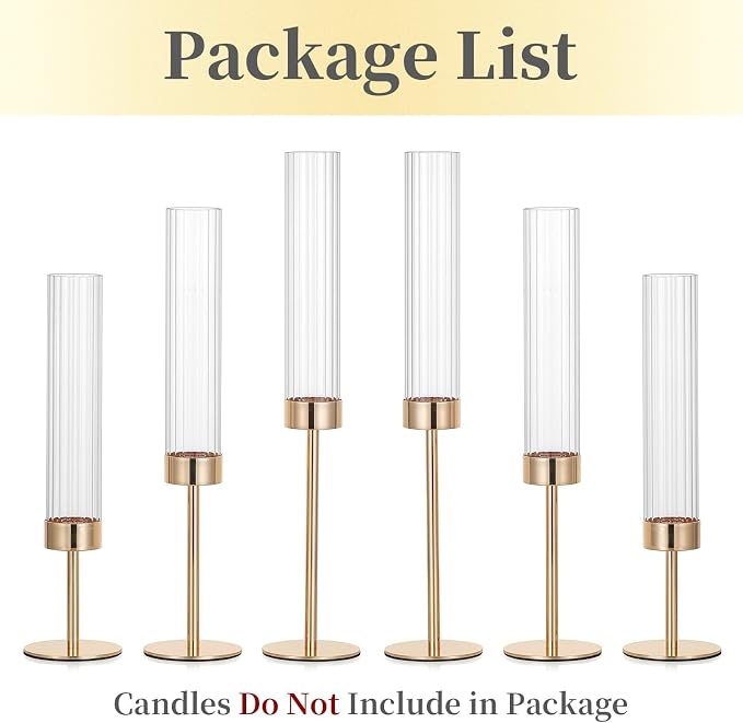 Hewory Gold Taper Candle Holders: Candlestick Holders Set of 6 Hurricane Glass Tall Candle Holder for Candlesticks Candle Sticks Holder Decor for Table Centerpiece Wedding Party Christmas Decorations