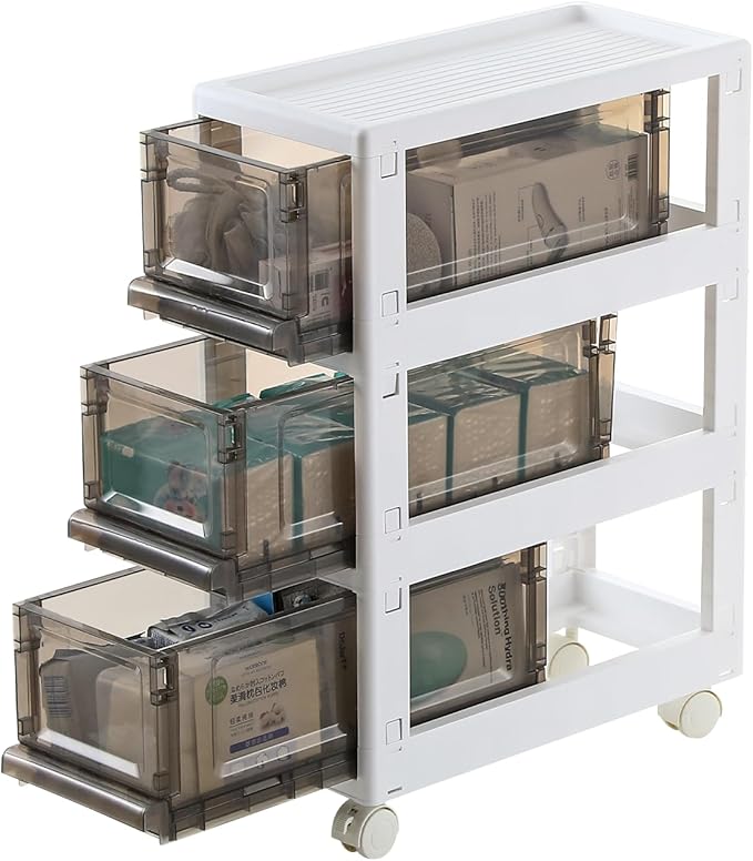 Plastic 3 Drawer Storage Organizer, Narrow Plastic Storage Drawers with Wheels, Storage Cart with Drawers for Small and Narrow Space, 7.87-inch Wide (white)