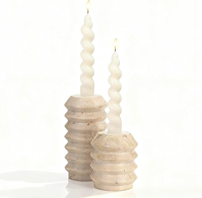 Candle Holders True Natural Travertine Stone 0.4" Thick, Set of 2 Premium Marble Candlestick Holder for Wedding Dinning Party, Candle Stand for 3/4 inch Thick Candles Color White (ZT002)