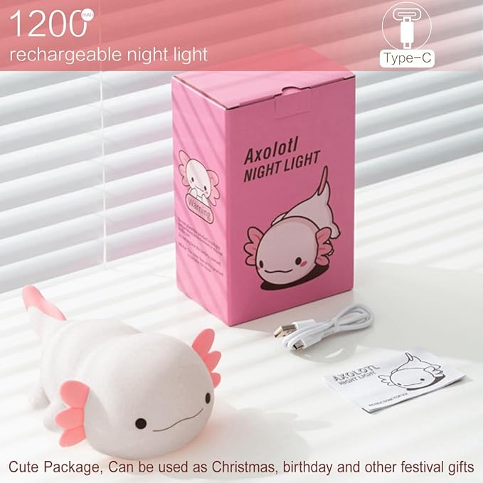 YR YRHH-PET Axolotl Night Light for Kids, Cute Squishy Rechargeable Axolotls Lamp, Unique White Pink Xmas Axolotl Gifts, Dimmable LED Silicone Nightlight, Baby Safe, Girls Room College Dorm Décor