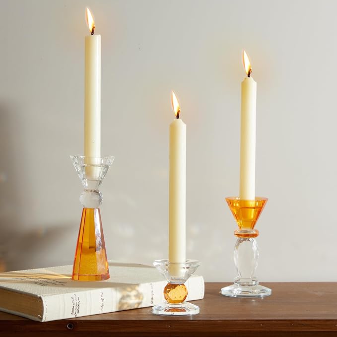 DN DECONATION Glass Candle Holder, Amber Clear Crystal Candlestick Holders | Set of 3, Tealight Candles Holder for Table Centerpiece Home Decor, Wedding Decorations Housewarming Gift Living Room Party