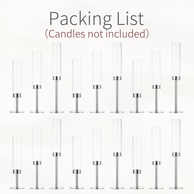 Silver Candle Holders for Candlesticks - Taper Candle Holders with Removable Glass, Tall Silver Candlestick Holders, Candle Stand Candle Sticks Long Holder for Table Centerpiece, Home, 18Pcs