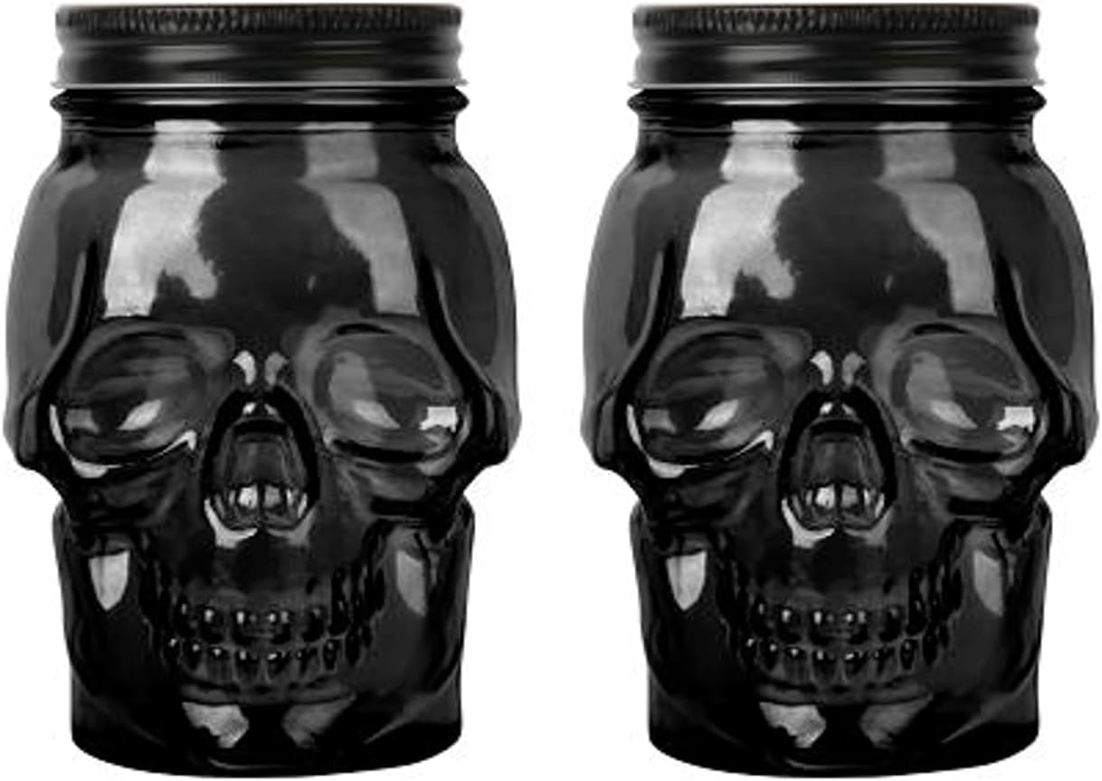 Set of 2 Skull Mason Jar Glasses with Lids | 42oz Reusable Halloween Drinking Glasses | Unique Skull Décor, Storage, & Canning Jars for Parties & Gifts