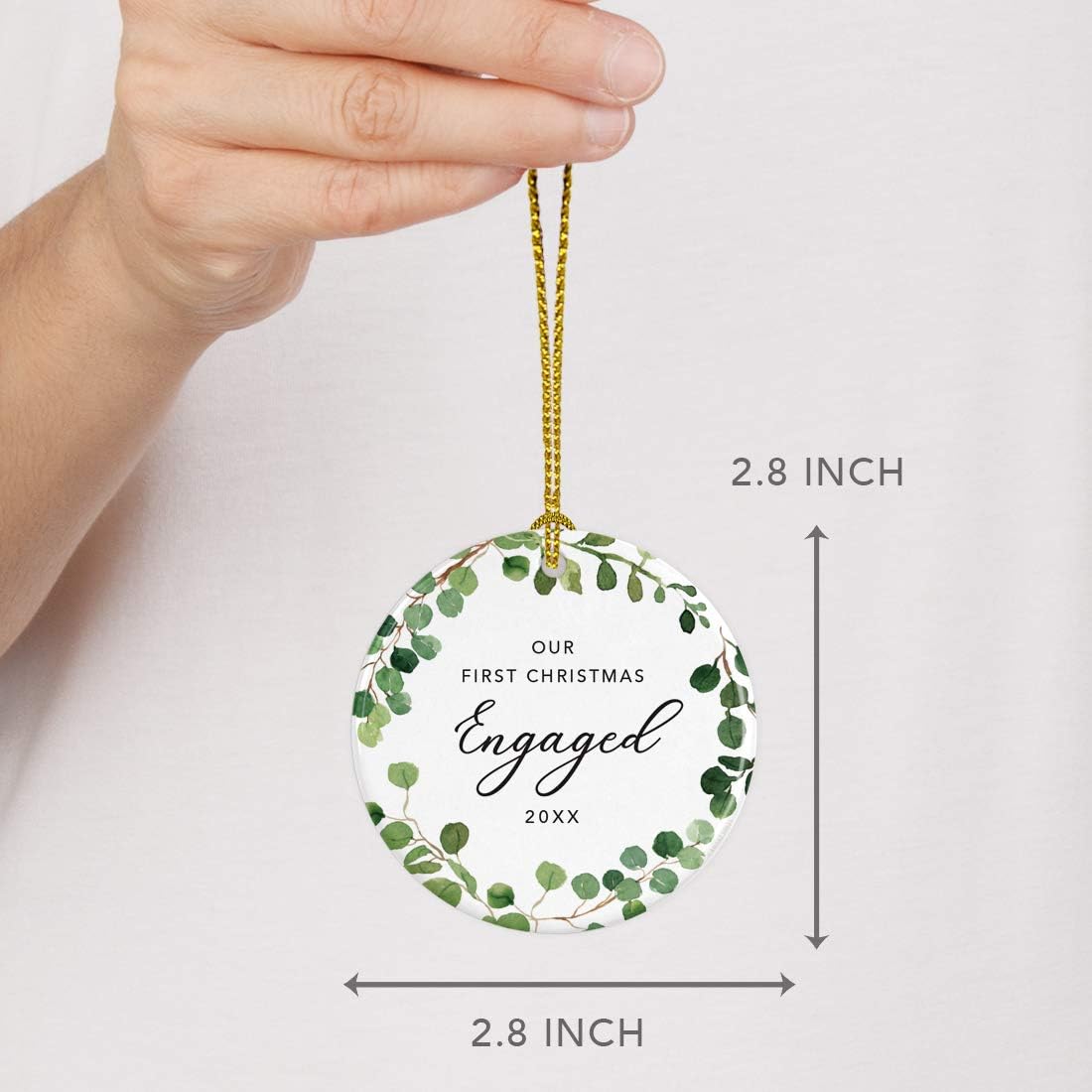 Andaz Press Custom Year Round Ceramic Porcelain Christmas Tree Ornament Keepsake Collectible Gift, Our First Christmas Engaged 2025, Farmhouse Eucalyptus Wreath, 1-PackCouple