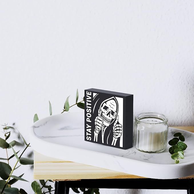 Funny Desk Decor For Men Decorations Inspirational Skeleton Man Wooden Box Sign Plaque Stay Positive Black Wood Box Sign Rustic Art Home Office Shelf Desk Decor 5 x 5 x 1.2 Inches