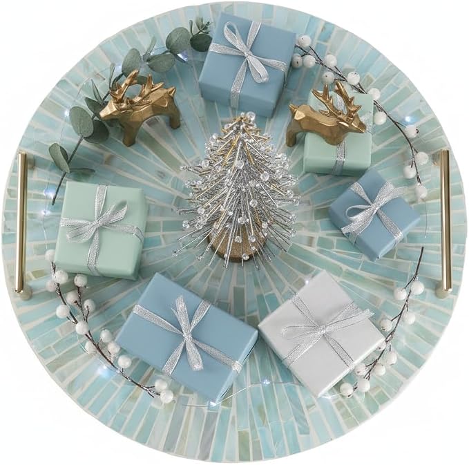 PEMAR Mother of Pearl Decorative Tray, 13"" Round with Gold Metal Handles, Vanity/Perfume/Trinket Tray, Catchall for Dresser, Bathroom, Vanity Table (Teal Sunlight)