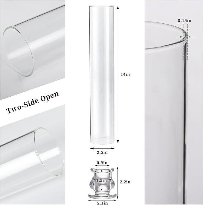 Volens Hurricane Glass Candle Holders- Set of 6 Candlestick Holders for Taper Candles with Windproof Cylinder Covers 14" Tall Clear Glass Chimney Cover for Wedding Table Centerpiece Home Decor