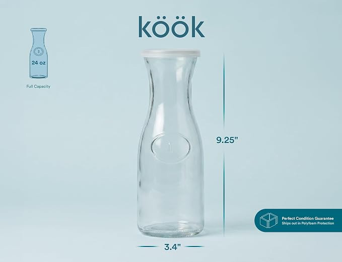 Kook Mini Glass Carafes with Lids, Small Beverage Pitchers for Fridge, Jugs for Water, Wine, Milk, Juice, 24 oz, Set of 4