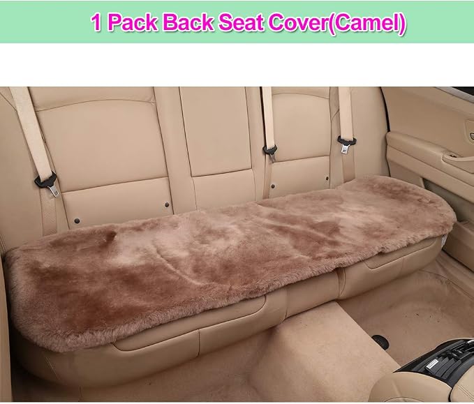 OGLAND Fuzzy Genuine Sheepskin Car Rear Seat Cover for Kids Dogs Pets Auto Bench Back Cushion Interior Accessories with Soft Fluffy Wool Natural Fur, Camel Brown